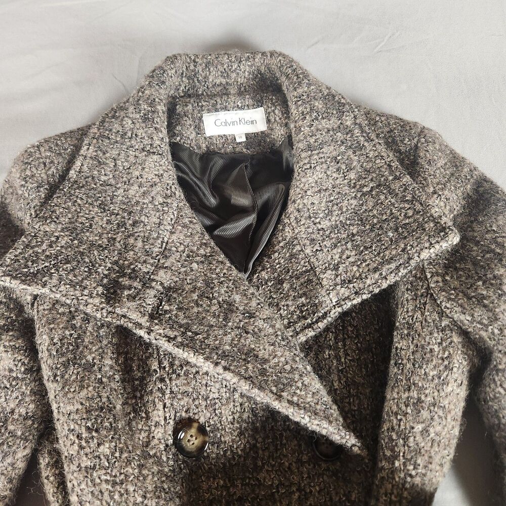 Calvin Klein Wool Blend Peacoat Jacket Womens Size 10 Brown Belted - Picture 4 of 11